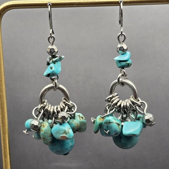 Chunky Dyed Howlite Dangle Earrings 2" Silver Tone Boho Cluster Southwestern - Picture 4 of 8